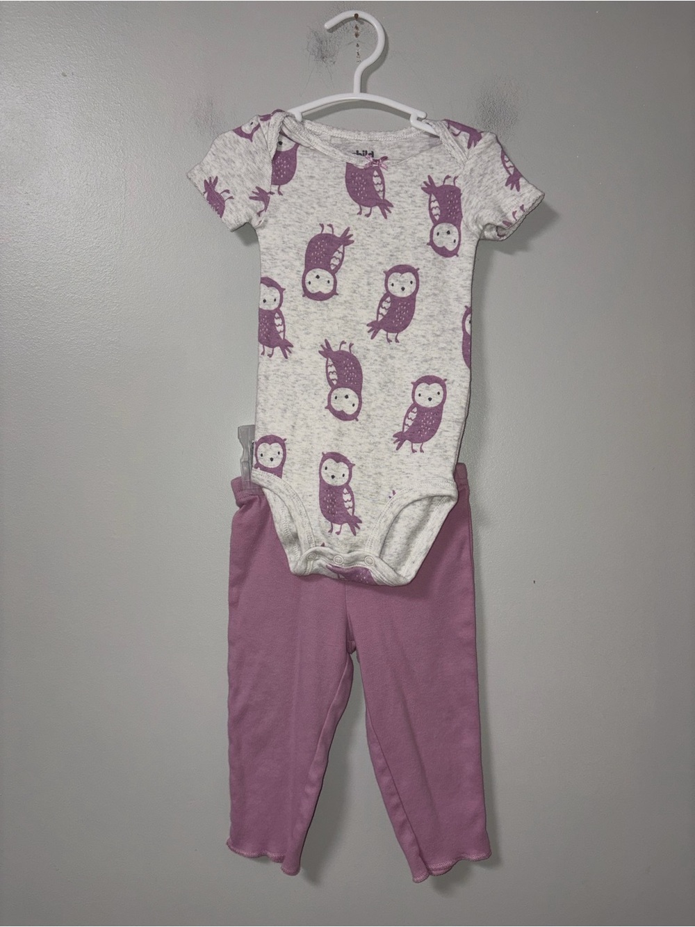 Child of Mine by Carters Gray & Purple Owl Print Body Suit Pants Set Girls 6-9M